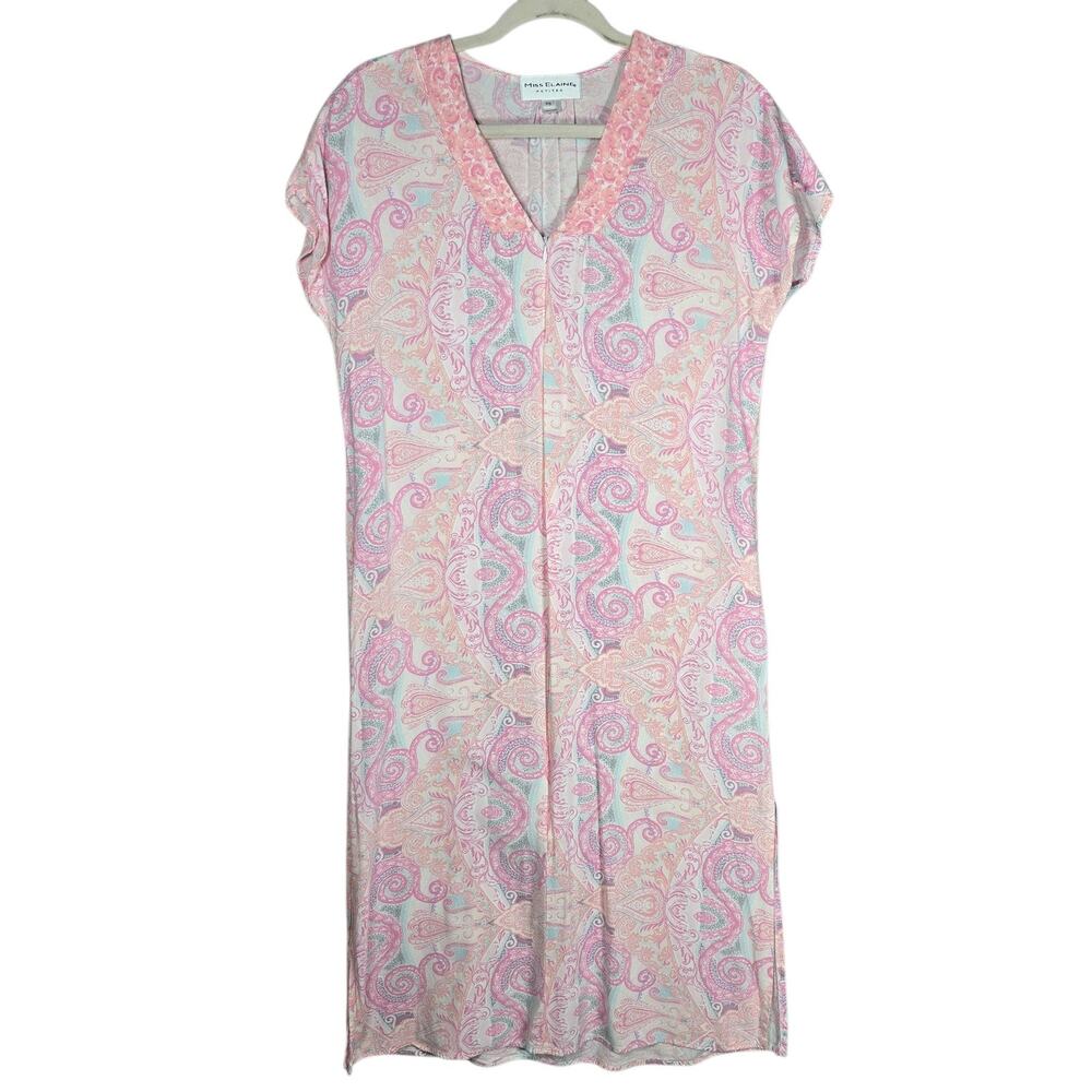 Miss Elaine Petites 3/4 Zip Kaftan PS Petite Small Pink Paisley Muu Muu Lounger